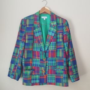 Vintage 80's 90's David Brooks Madras Plaid Summer Blazer